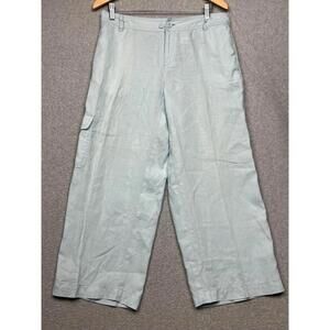 Liz Claiborne Linen Capri Womens 10 Wide Crop Cargo Leg Blue Coastal Casual